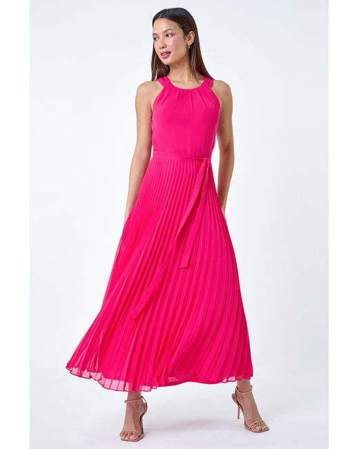 Roman Pink Pleated Halter Neck Maxi Dress