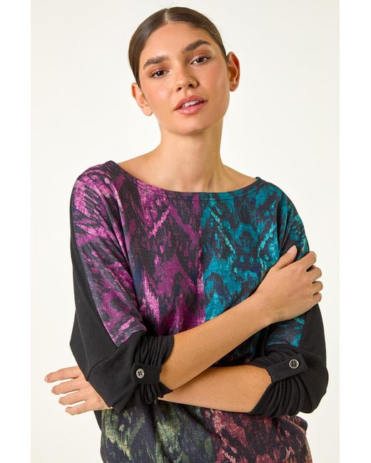 Roman Gray Colour Block Print Stretch Sleeve Top