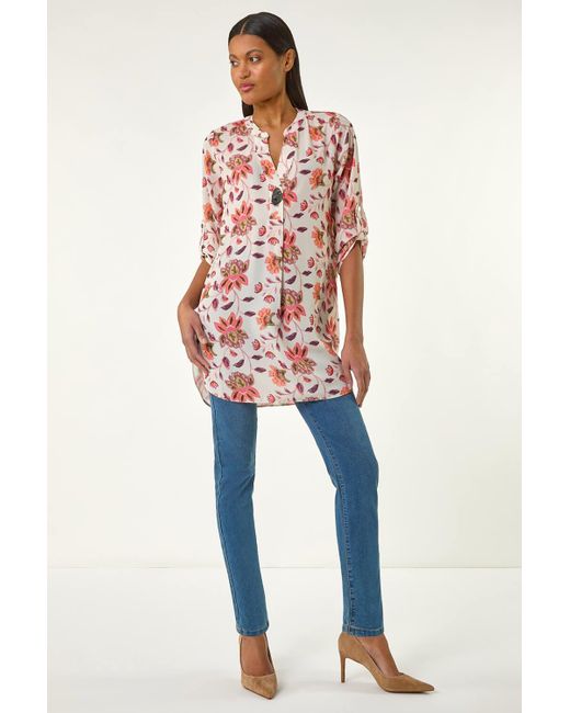 Roman Red Floral Print Button V-Neck Tunic Top
