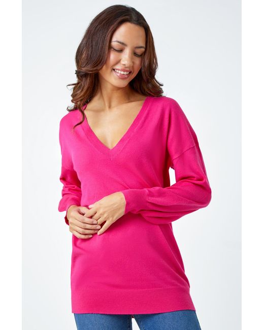 Roman Pink Plain Stretch V-Neck Longline Jumper