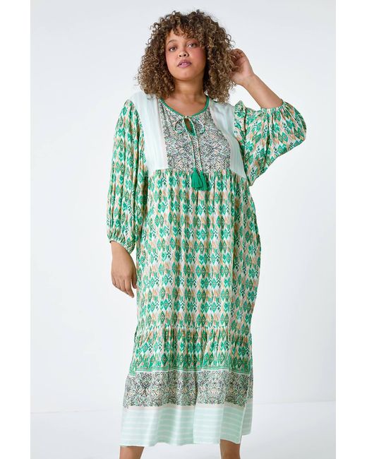 Roman Curve Green Boho Print Tiered Midi Dress