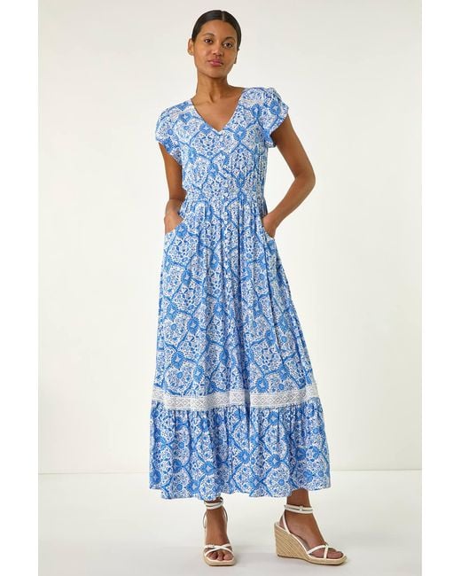 Roman Blue Tile Print Shirred Waist Maxi Dress