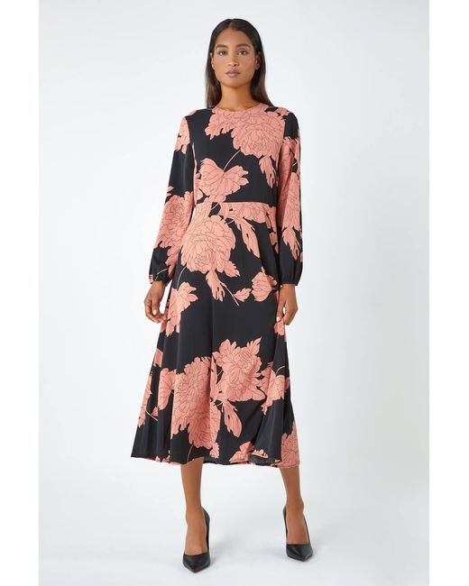 Roman Red Floral Contrast Print Midi Dress