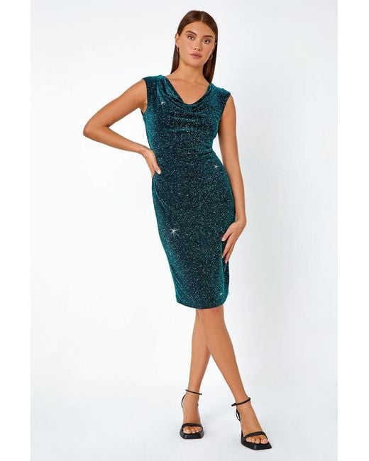 Roman Blue Shimmer Cowl Neck Stretch Dress