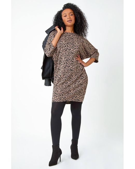 Roman Petite Brown Leopard Print Slouch Stretch Dress