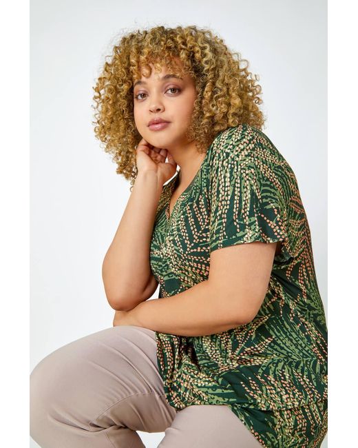 Roman Curve Green Leaf Print Stretch Jersey Top