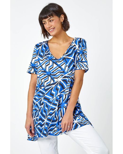 Roman Blue Abstract Print V-Neck Jersey Tunic Top