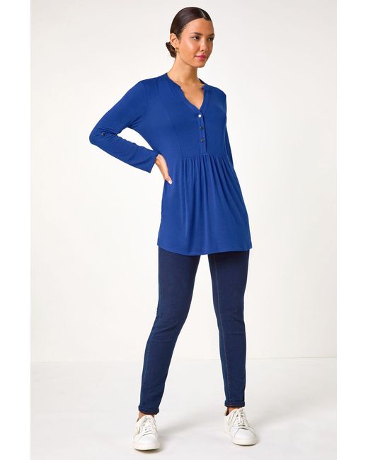 Roman Blue V-Neck Button Detail Tunic Top