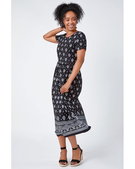 Roman Petite Blue Border Print Stretch Midi Dress