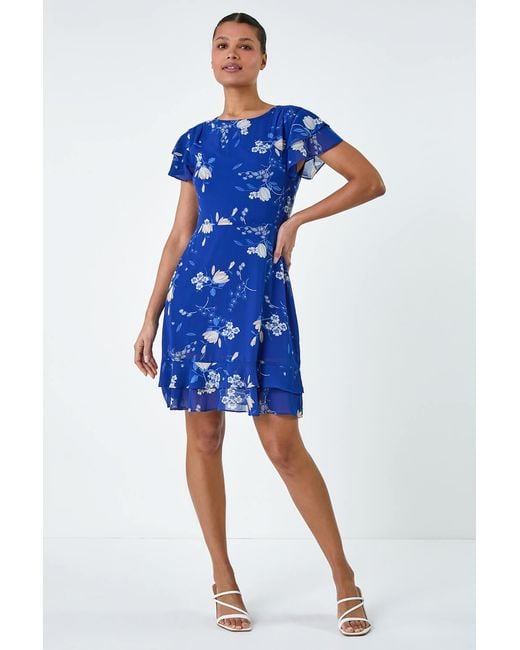 Lilly-and-Hope Blue Floral Print Frill Detailed Skater Dress