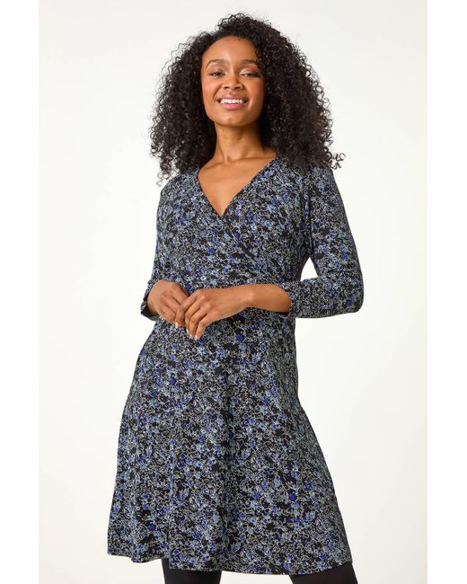 Roman Petite Blue Ditsy Print V-Neck Wrap Dress