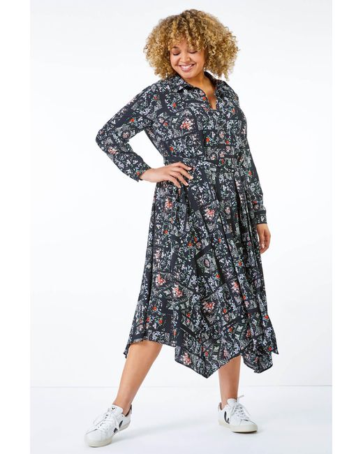 Roman Curve Green Ditsy Print Hanky Hem Shirt Dress