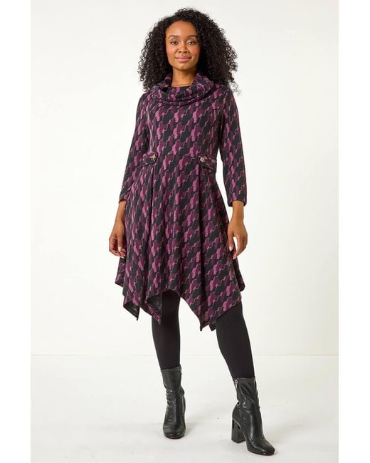 Roman Petite Purple Abstract Print Hanky Hem Stretch Dress