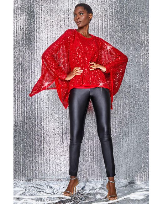 Roman Red Sequin Cape Overlay Stretch Top