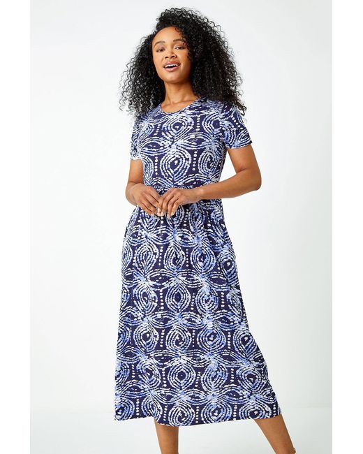 Roman Petite Blue Aztec Print Midi Stretch Dress