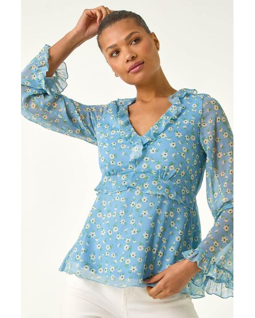 Roman Blue Ditsy Floral Print Frilled Top