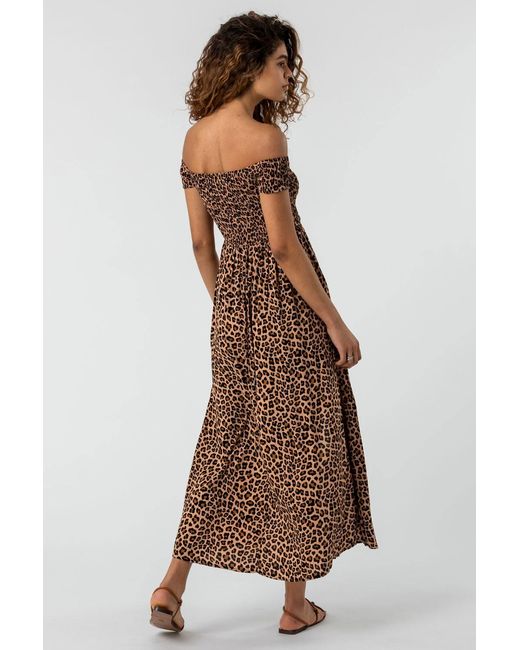 Roman Brown Shirred Leopard Print Bardot Dress