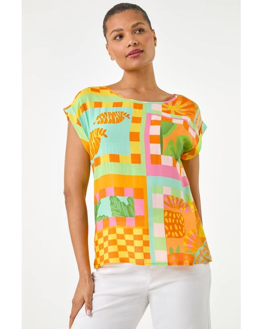 Roman White Abstract Print Shell Top