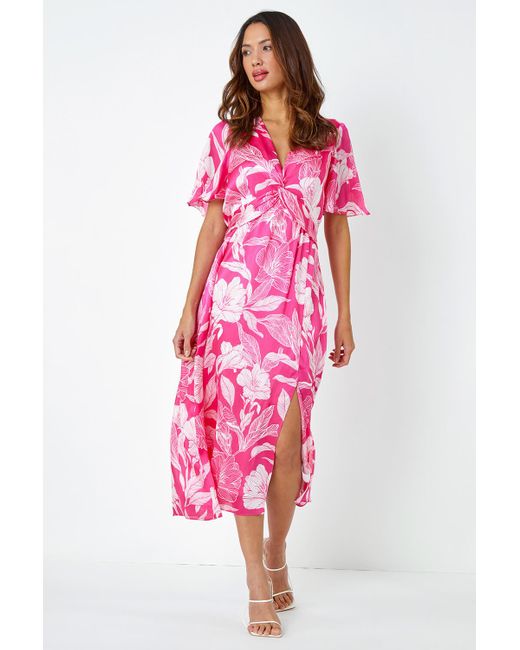 Roman Pink Floral Print Chiffon Twist Front Midi Dress