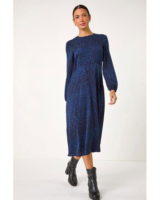 Roman Blue Animal Print Fit & Flare Midi Dress