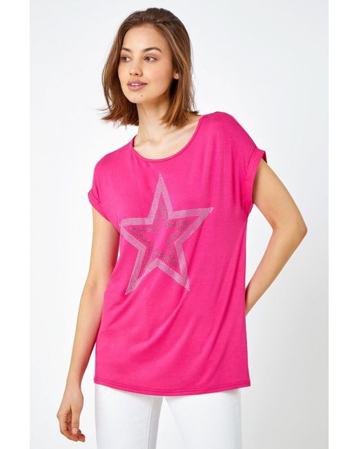 Roman Pink Embellished Star Print T-Shirt