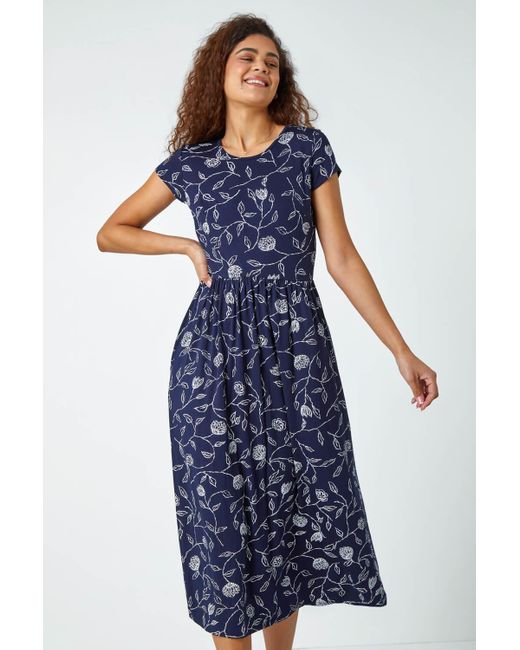 Roman Blue Floral Print Midi Stretch Dress