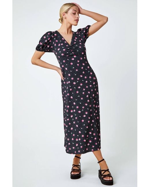 D.u.s.k Blue Ditsy Floral Print Lace Back Midi Dress
