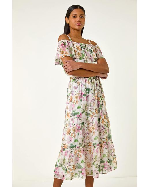 Roman Natural Floral Print Bardot Midi Dress