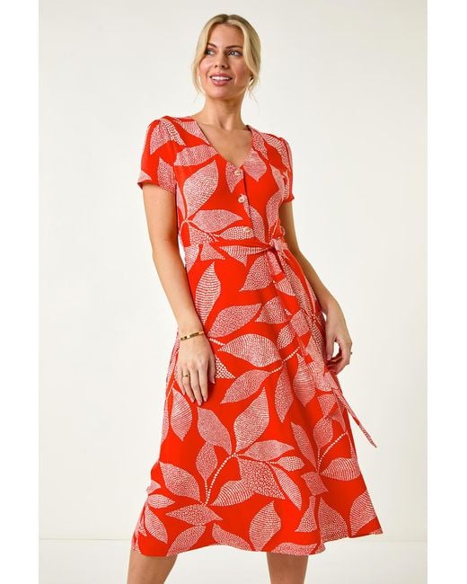 Roman Petite Red Leaf Tie Waist Midi Dress