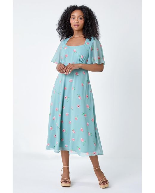 Roman Petite Blue Floral Square Neck Midi Dress