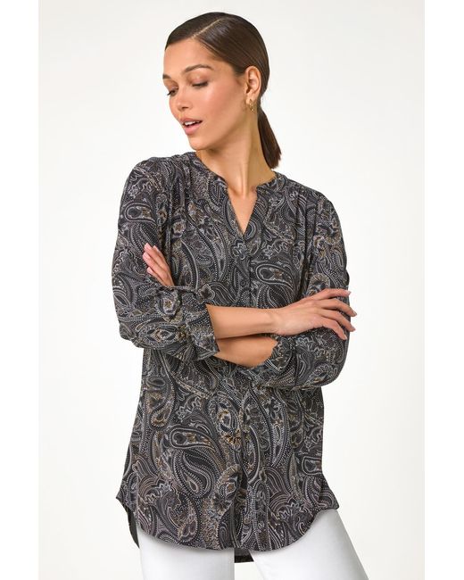 Roman Gray Textured Paisley Print Stretch Blouse