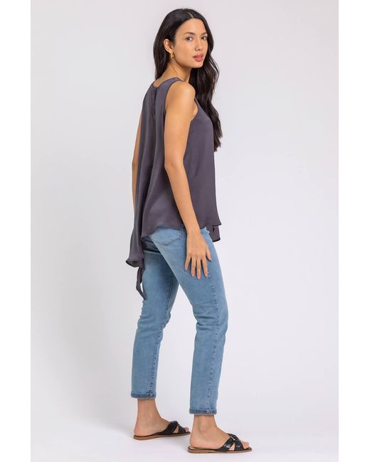 Roman Gray Embellished Neck Asymmetric Hem Tunic Top