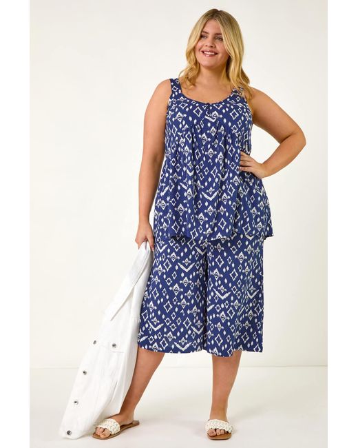 Roman Curve Blue Ikat Print Woven Vest Top