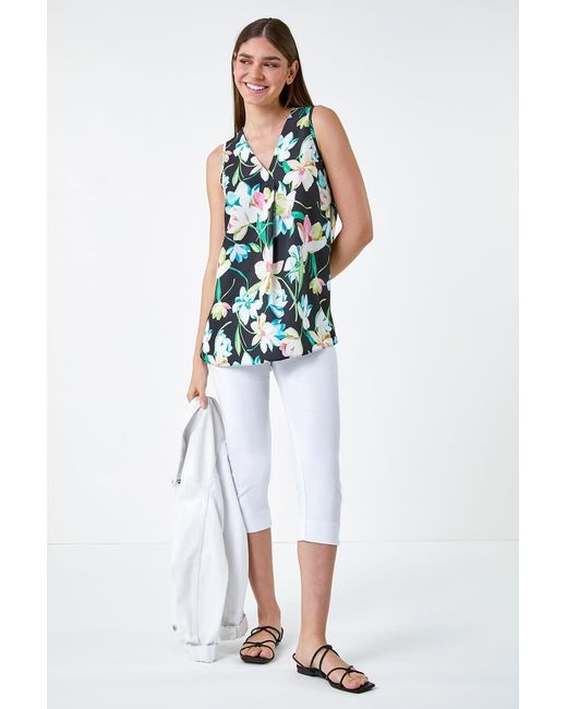 Roman Blue Floral Print Sleeveless Pleat Vest Top