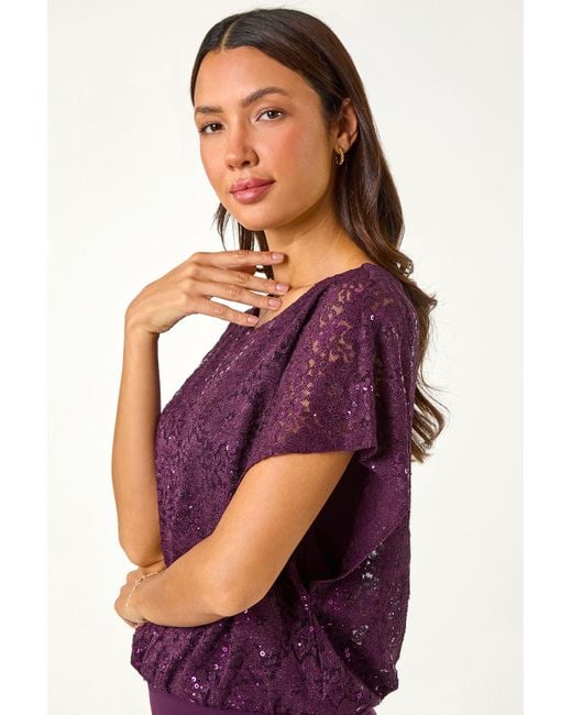 Roman Purple Sequin Lace Overlay Stretch Top