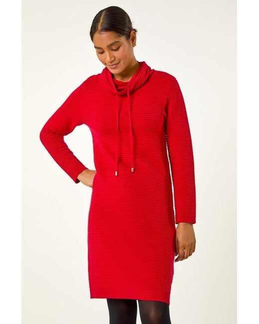 Roman Red Ribbed Cowl Neck Jumper Dress
