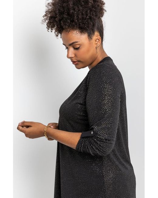 Roman Curve Metallic Glitter Button Tunic Top