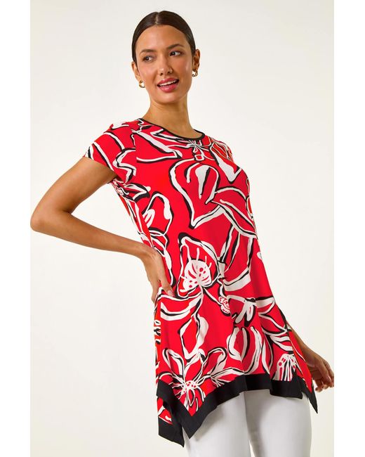 Roman Red Floral Contrast Stretch Hanky Hem Top