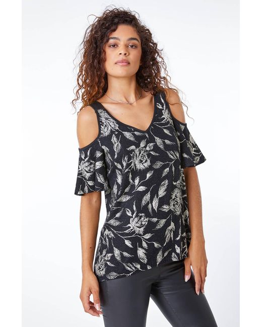 Roman Black Metallic Floral Cold Shoulder Top