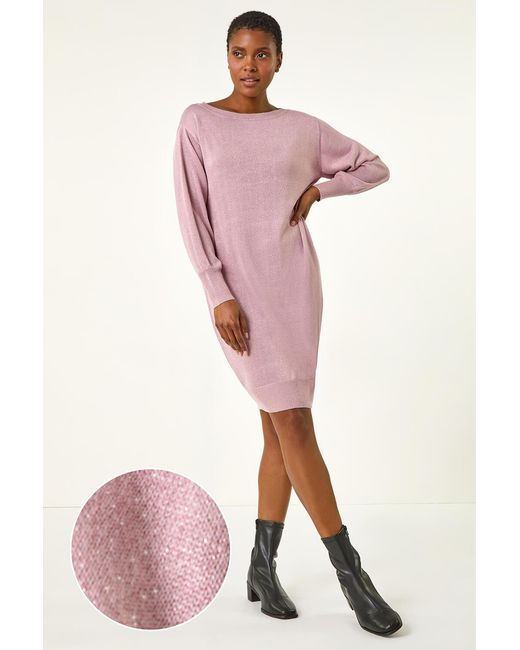 Roman Pink Shimmer Slash Neck Jumper Dress