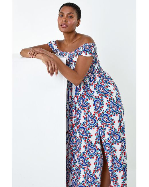 Roman White Paisley Shirred Bardot Maxi Dress
