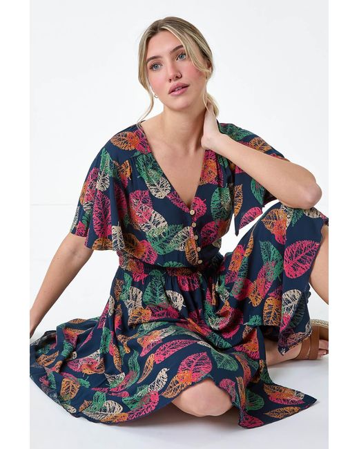D.u.s.k Blue Leaf Print Button Detail Dress