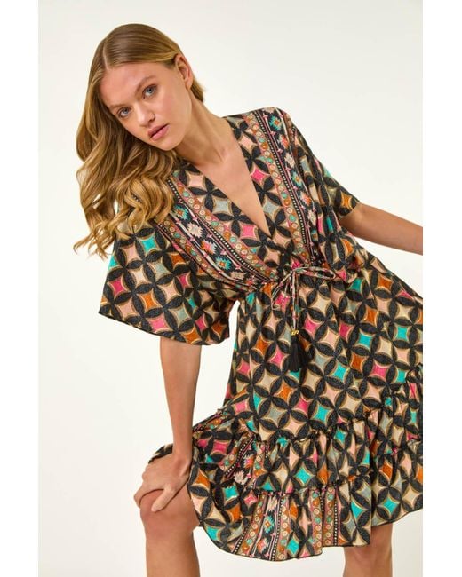 Roman Black Geometric Boho Print V-Neck Mini Dress