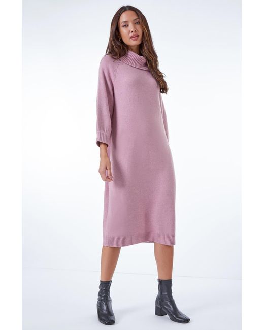 Roman Pink Roll Neck Knitted Midi Dress