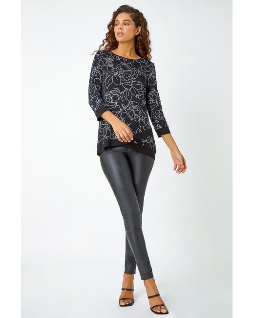 Roman Blue Glitter Rose Print Layered Stretch Top
