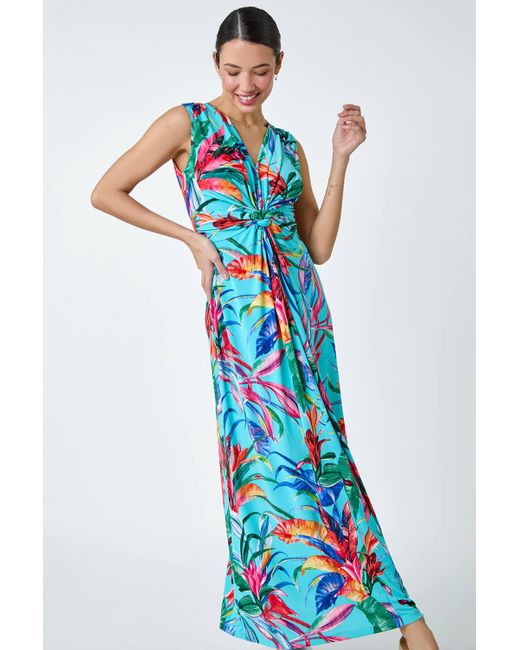Roman Blue Tropical Twist Detail Stretch Maxi Dress