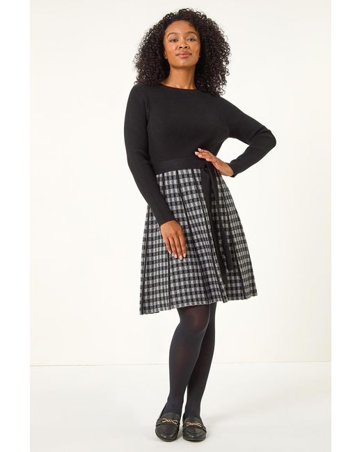 Roman Petite Black Contrast Check Knitted Dress