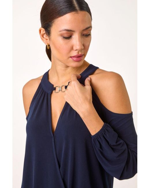 Roman Blue Cold Shoulder Wrap Stretch Top