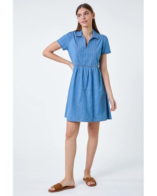 Roman Blue Cotton Denim Collared Dress