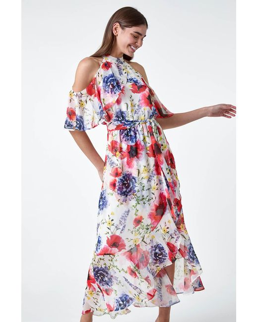 Roman Red Poppy Floral Frill Halterneck Dress